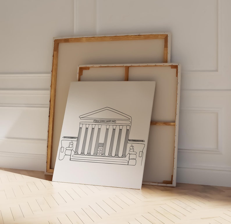 May include: A black and white line drawing of the Supreme Court building on a white canvas with a wooden frame.
