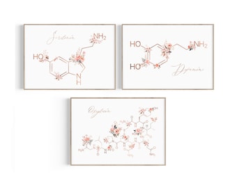 May include: Three printable wall art prints featuring the chemical structures of serotonin, dopamine, and oxytocin, each with floral accents in shades of pink and peach.