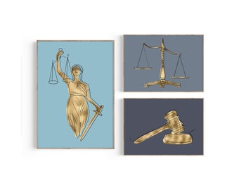 May include: Three gold-colored line art illustrations of legal symbols on blue backgrounds. The first image shows a blindfolded woman holding a scale and sword. The second image shows a scale with two pans. The third image shows a gavel.