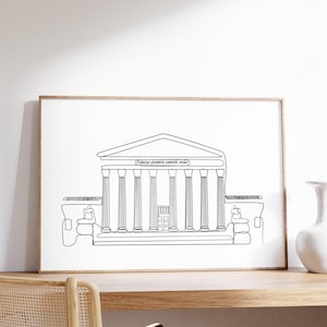 May include: A black and white line drawing of a building with columns and a sign that reads "FOREIGN OFFICE LONDON 1968".