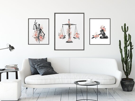 Prints Lawyer Print Set Gavel Scales of Justice Art Lawyer Gift Lady ...