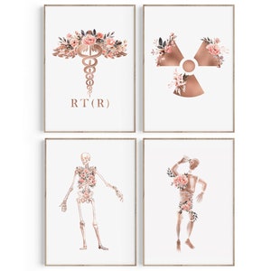 May include: Set of four prints featuring a rose gold medical symbol, a rose gold radiation symbol, a rose gold skeleton with flowers, and a rose gold skeleton with flowers in a pose. The prints have a white background and a thin wooden frame.
