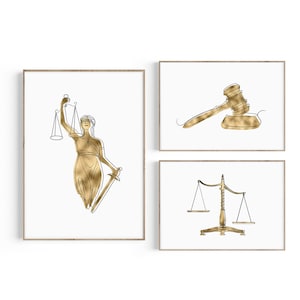 Law Office Decor, Lawyer Gift, Law School Graduation Gift, Attorney Gift, Lady Justice, Gavel, Scales of Justice Art, Lawyer Print Set, Law
