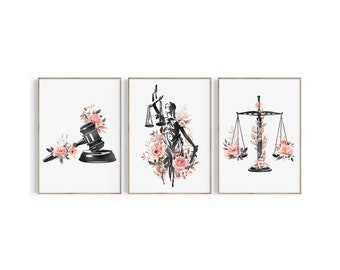 May include: A set of three black and white prints featuring legal symbols with pink floral accents. The prints depict a gavel, a scale of justice, and the figure of Lady Justice.