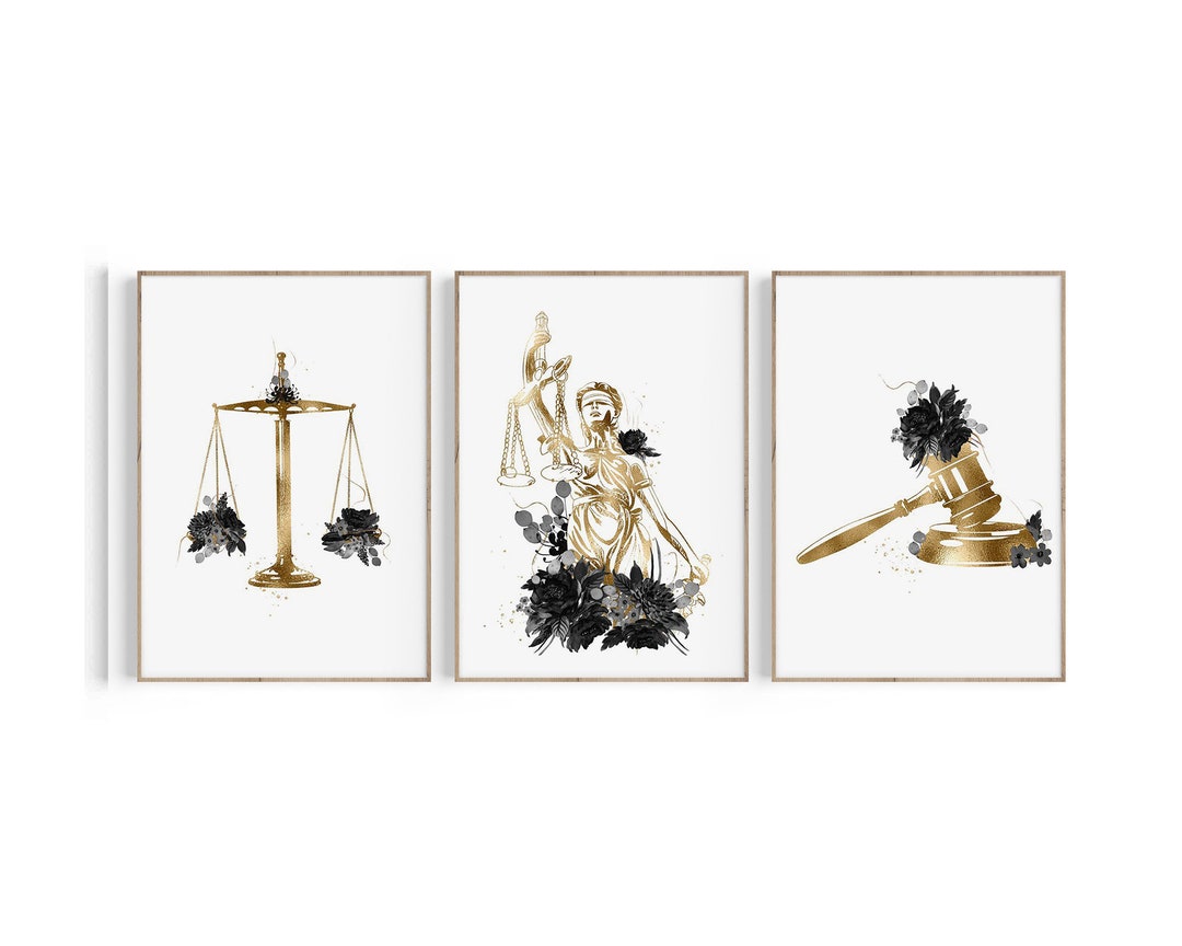 Lady Justice Scales Gavel Art Print Set: Law Office Decor (digital ...