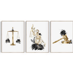 Law Office Decor, Lawyer Gift, Law School Graduation Gift, Attorney Gift, Lady Justice, Gavel, Scales of Justice Art, Lawyer Print Set, Law