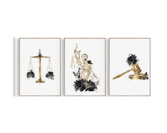 May include: Set of three gold and black prints featuring legal symbols. The first print shows a scale of justice with black flowers. The second print shows a figure of justice holding a scale of justice with black flowers. The third print shows a gavel with black flowers.