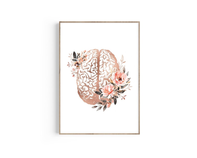 Brain Art Print, Psychology Art, Brain Anatomy Art, Psychology Office Decor, Psychiatrist Gift, Psychologist Gift, Floral Art, Brain Poster image 1