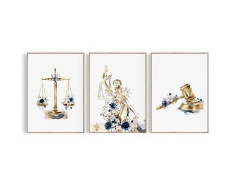 May include: Three gold watercolor illustrations of legal symbols: a scale of justice, a statue of Lady Justice, and a gavel. Each symbol is adorned with blue and white watercolor flowers.