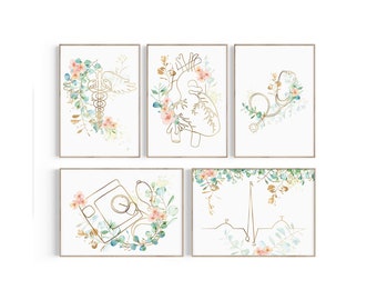 Cardiologist Office Decor Prints: Floral Heart, Stethoscope Art (Digital Download)