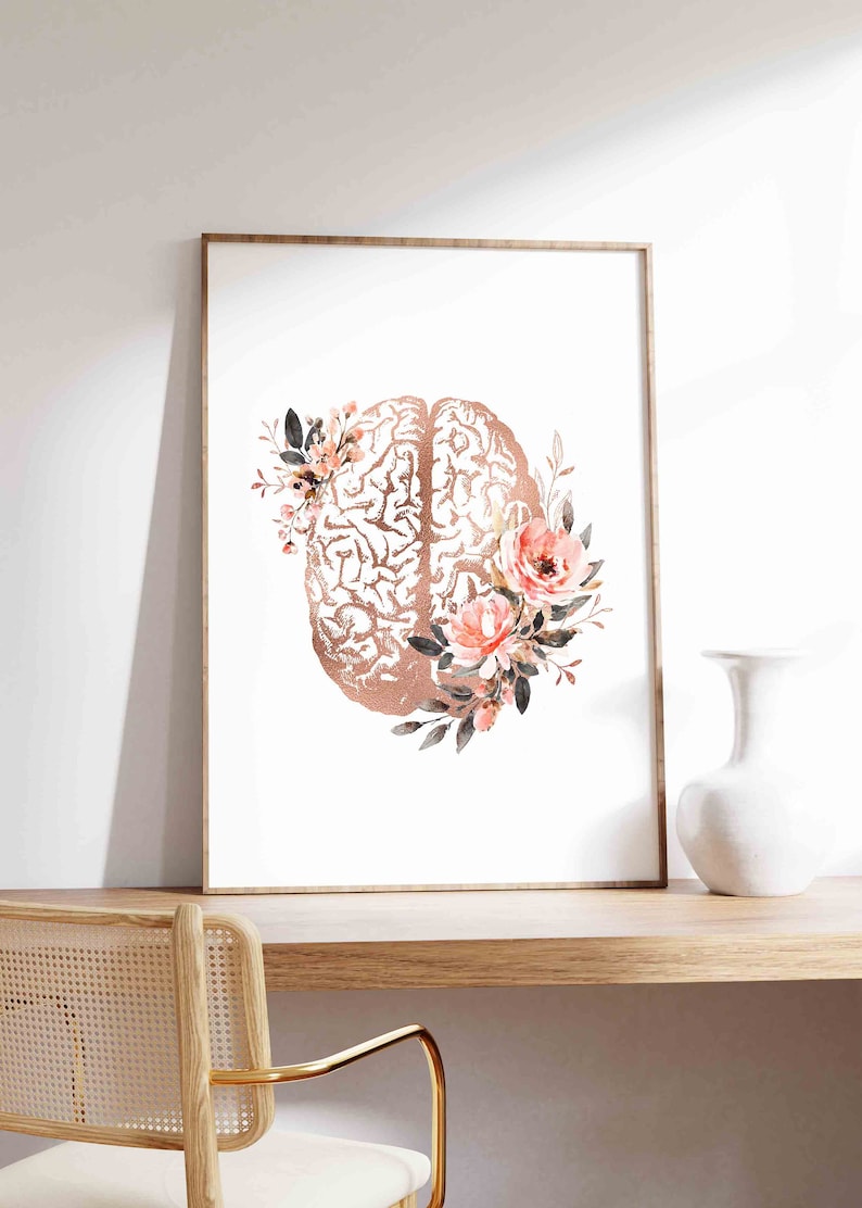 Brain Art Print, Psychology Art, Brain Anatomy Art, Psychology Office Decor, Psychiatrist Gift, Psychologist Gift, Floral Art, Brain Poster image 2