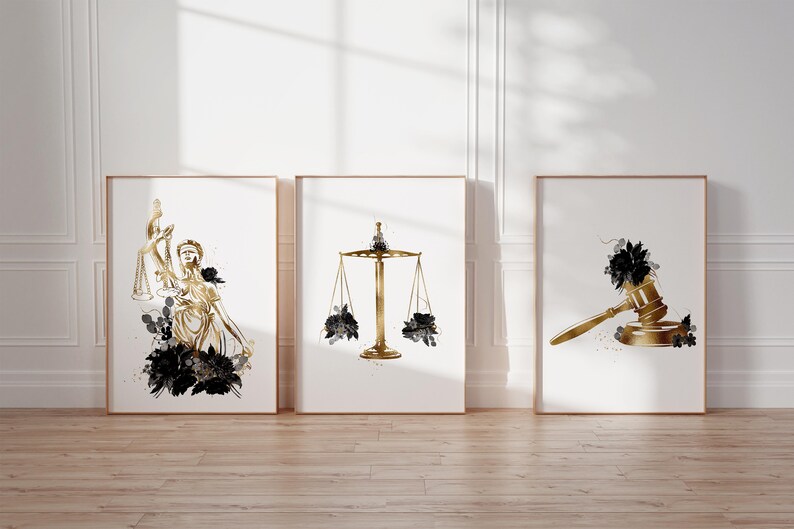 Lady Justice Scales Gavel Art Print Set: Law Office Decor (digital ...