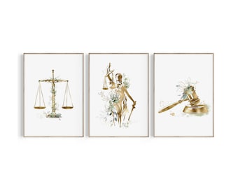 May include: Three framed prints with gold and green watercolor illustrations of legal symbols. The first print features a scale of justice, the second print features the figure of Lady Justice, and the third print features a gavel.