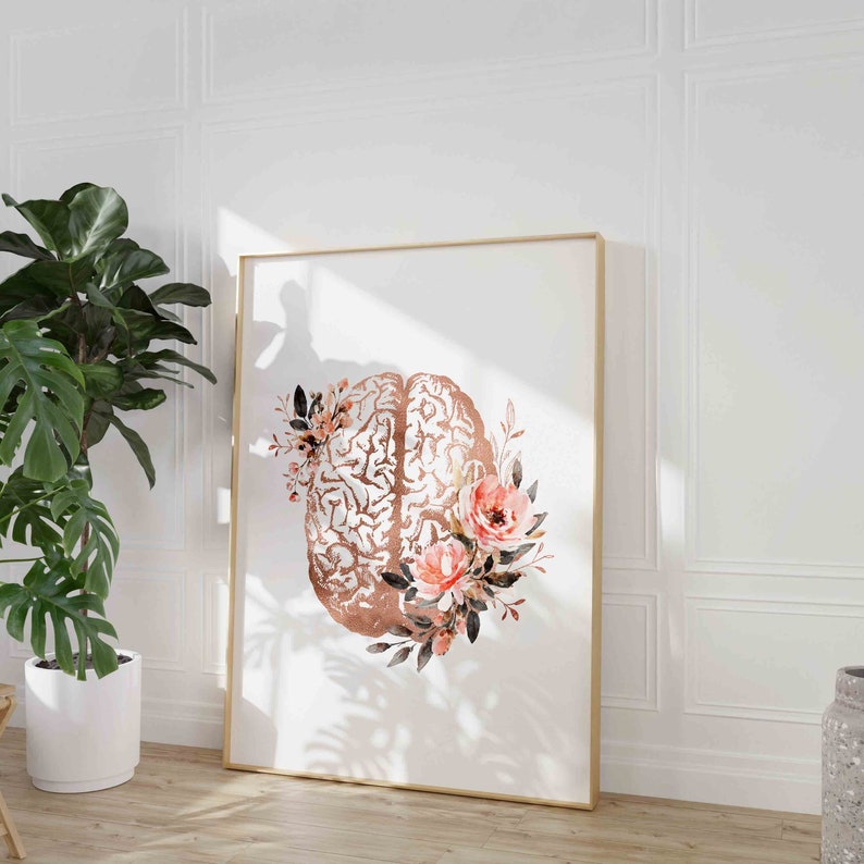Brain Art Print, Psychology Art, Brain Anatomy Art, Psychology Office Decor, Psychiatrist Gift, Psychologist Gift, Floral Art, Brain Poster image 4