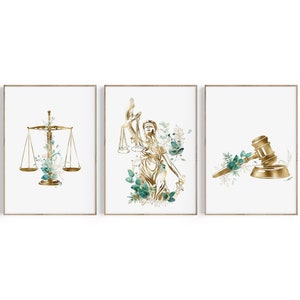 Law Office Decor, Lawyer Gift, Law School Graduation Gift, Attorney Gift, Lady Justice, Gavel, Scales of Justice Art, Lawyer Print Set, Law