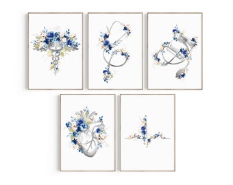 Floral Cardiology Prints: Stethoscope, Heart, EKG Art (Digital Download)
