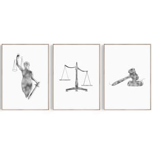 Law Office Decor, Lawyer Gift, Law School Graduation Gift, Attorney Gift, Lady Justice, Gavel, Scales of Justice Art, Lawyer Print Set, Law