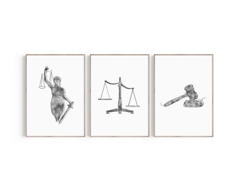 May include: Three black and white line drawings of legal symbols: a figure of justice holding scales and a sword, a set of scales, and a gavel.