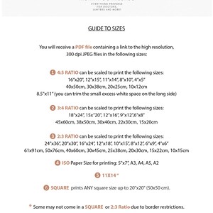 Puede incluir: Una gu&iacute;a de tama&ntilde;os para documentos imprimibles para m&eacute;dicos y abogados. La gu&iacute;a enumera diferentes relaciones de aspecto y sus tama&ntilde;os imprimibles correspondientes en pulgadas y cent&iacute;metros. Tambi&eacute;n incluye tama&ntilde;os de papel est&aacute;ndar como 5x7, A3, A4, A5 y A2, as&iacute; como una opci&oacute;n de 11x14 pulgadas. La gu&iacute;a menciona que las impresiones cuadradas est&aacute;n disponibles hasta 20x20 pulgadas (50x50 cm). El texto tambi&eacute;n indica que algunos tama&ntilde;os pueden no estar disponibles debido a restricciones de borde. El texto en la parte inferior indica "Uso comercial no permitido" e incluye el s&iacute;mbolo de copyright y el texto "Doctor Lawyer Prints".