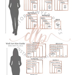 Puede incluir: Un gr&aacute;fico con la silueta de una persona de pie junto a una cuadr&iacute;cula de rect&aacute;ngulos de diferentes tama&ntilde;os. Los rect&aacute;ngulos est&aacute;n etiquetados con diferentes proporciones y medidas en pulgadas y cent&iacute;metros. El gr&aacute;fico se titula "Gu&iacute;a de tama&ntilde;os de arte de pared" y la altura del modelo es de 5'5" o 165 cm.