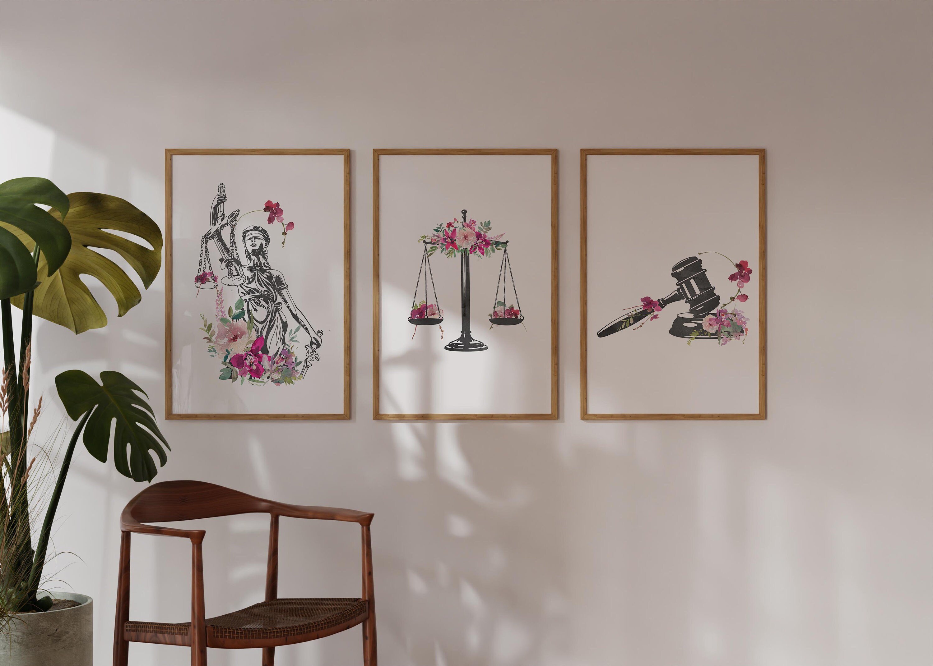 Lady Justice Scales Gavel Art Print Set: Floral Law Office Decor ...