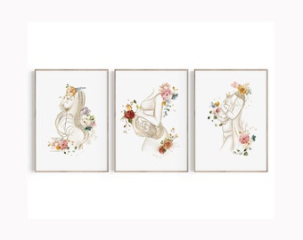 Zwangerschapskunstprintset: bloemen foetus, moeder en baby (digitale download)