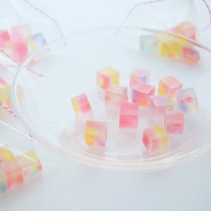 May include: A clear glass plate displays several colourful, cube-shaped sweets. The sweets are translucent, with pink, yellow, and blue hues. Some sweets are in small clear bags with pink string ties. The background is white.