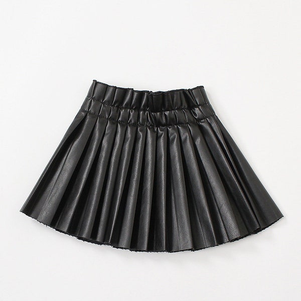 Black Faux Leather Pleated Skirt Elastic Waisted(Toddler and Girls)