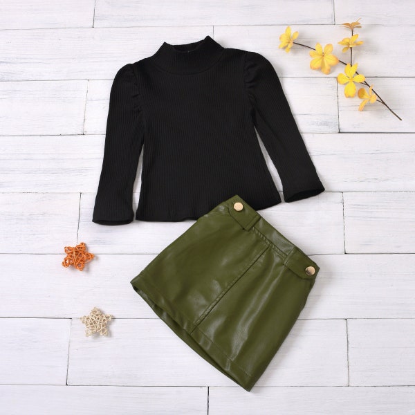 Army Green PU Leather Skirt & Top Set Toddler and Girls