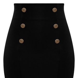 High Waisted Pencil Skirt with Anchor Buttons in Black