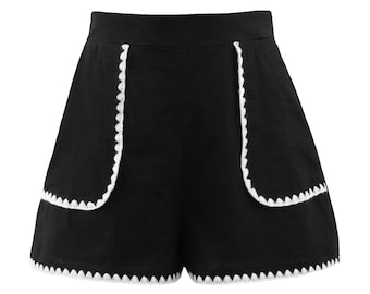 Scallop Trim Shorts mit hoher Taille in Schwarz