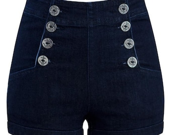 Short marinière en denim foncé taille haute avec boutons ancre