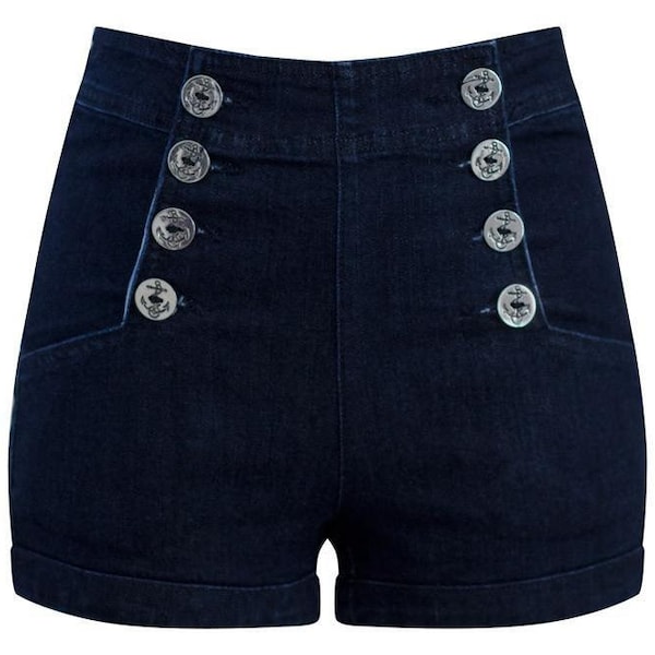 Dark Denim High Waist Sailor Girl Shorts with Anchor Buttons