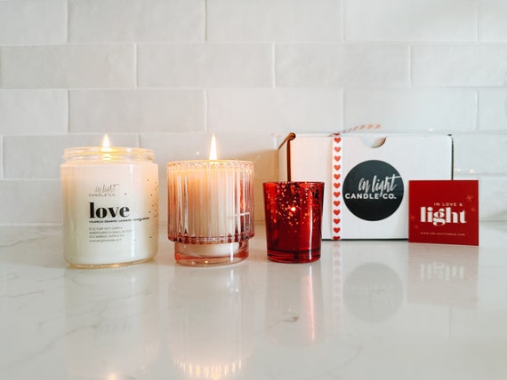 February Special Box | 1 8oz pure soy candle (Love or Red Heart) + 1 pink cut glass 6 oz candle (Moonflower) + red votive + 4 tealights