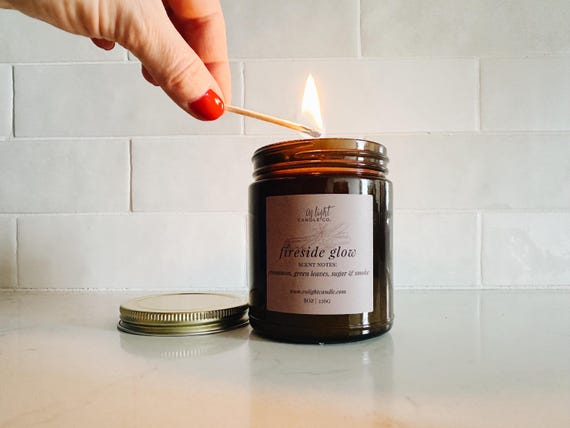 Fireside Glow | 8 oz pure soy candle with lid | cinnamon, green leaves, sugar & smoke
