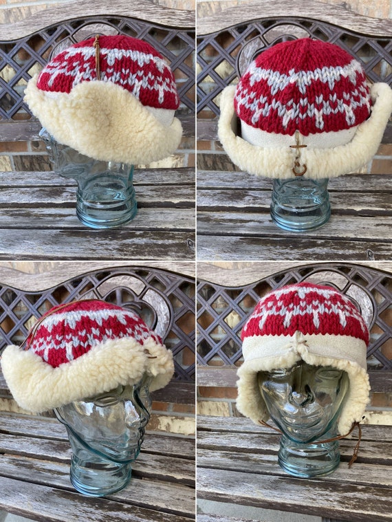 Vintage Shearling & Knit Two Tone Winter Hat Wool… - image 2