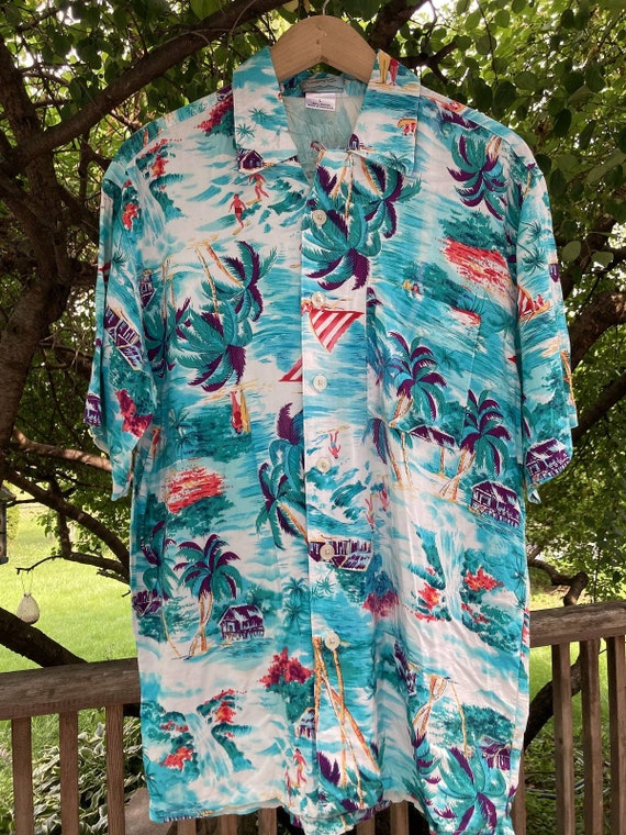 Size L Blue Rayon Hawaiian Aloha Shirt Vintage 90s - image 1