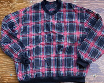 Size L Vintage Tartan Plaid Light Weight Nylon Pullover Golf Windbreaker Jacket Red & Black