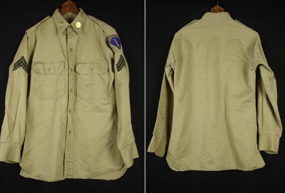 50s U.S Army Khaki Cotton Military Shirt 15 x 32 … - image 2