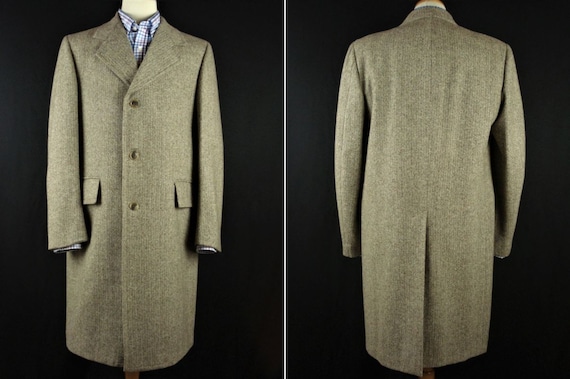 Vintage Tweed Wool Overcoat Top Coat Herringbone L