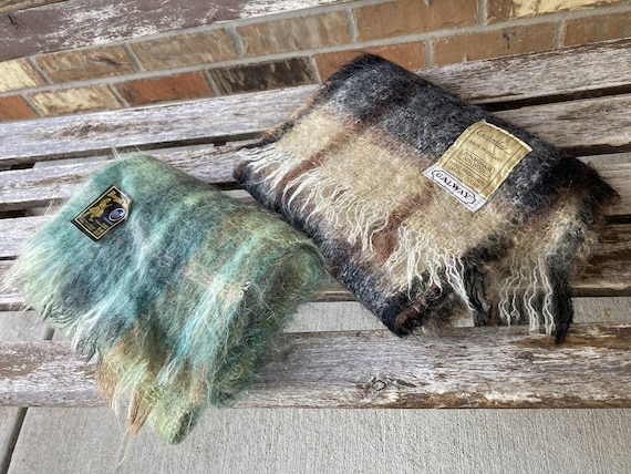 Lot of 2 MOHAIR Muffler Scurf Green & Brown Plaid Made in
