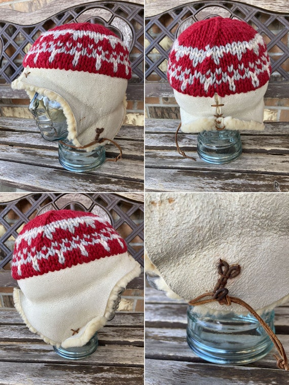 Vintage Shearling & Knit Two Tone Winter Hat Wool… - image 3