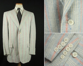 Size L Long 70's Striped Tailored Silk Blazer Jacket Men's Vintage Sport Coat Spring Made in USA