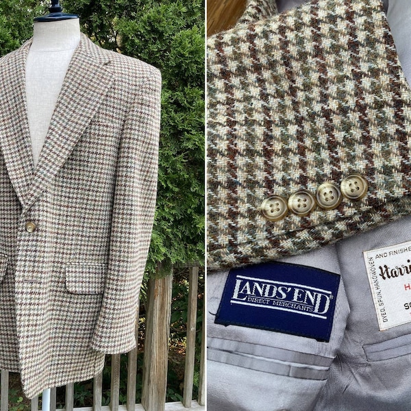 Size 42R Harris Tweed Sport Coat Blazer Jacket by Lands' End Vintage 90s Gun Club