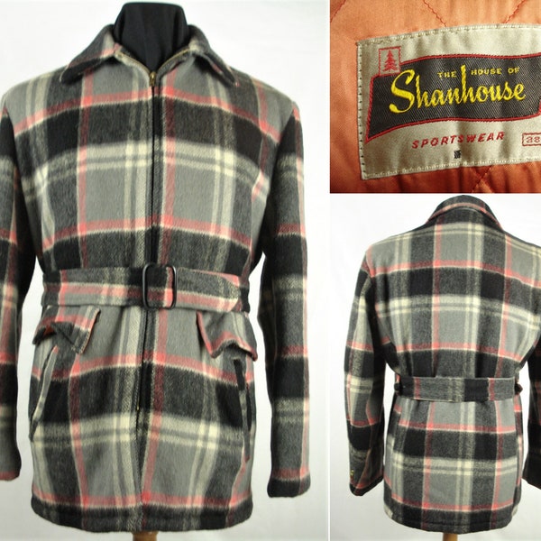 Size 38 Shanhouse Belted Quilted Lined Plaid Wool Car Coat Jacket Men's Rockabilly Vintage