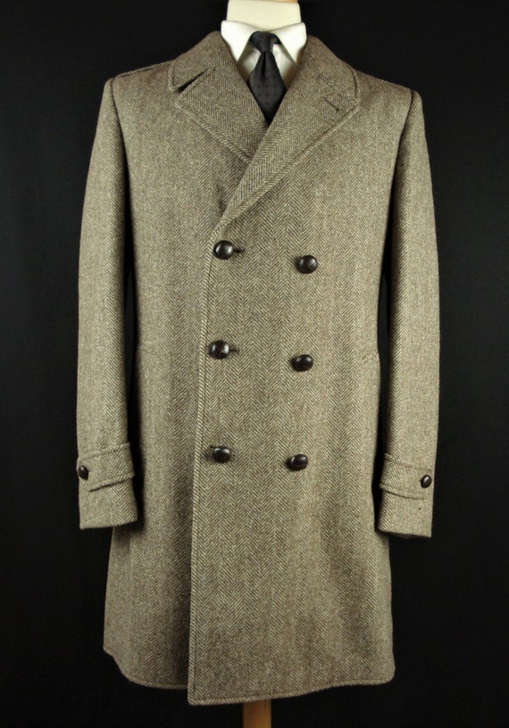 Vintage Tweed Wool DB Overcoat Top Coat Herringbon