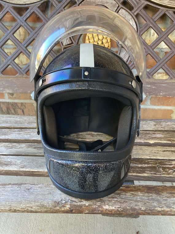 Mint! 70s Full Face Helmet Black Metal flake Fits… - image 6