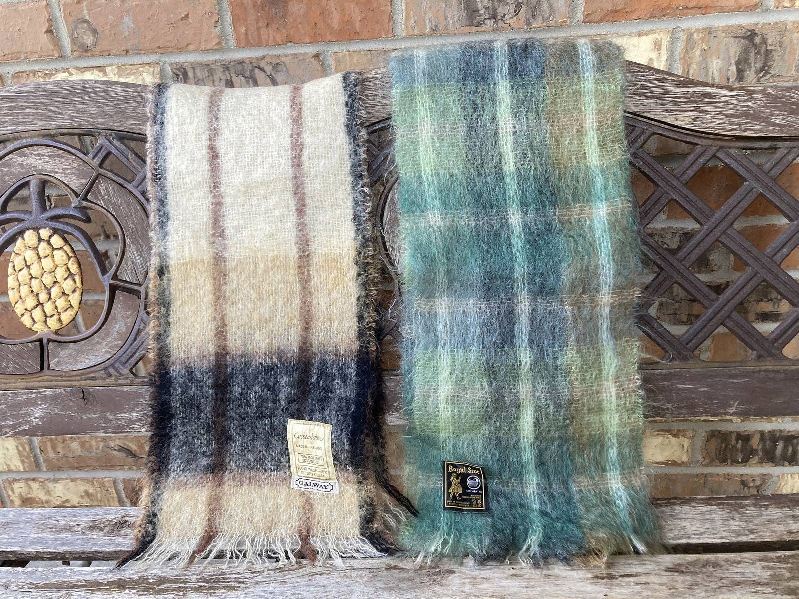 Lot of 2 MOHAIR Muffler Scurf Green & Brown Plaid Made in