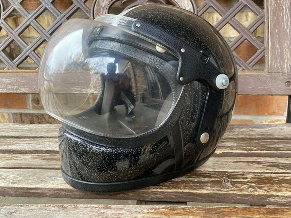 Mint! 70s Full Face Helmet Black Metal flake Fits… - image 2