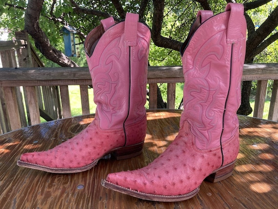 Women Size 9.5 Genuine Ostrich Leather Western Cowboy Boots & Belt Set Vintage Pink